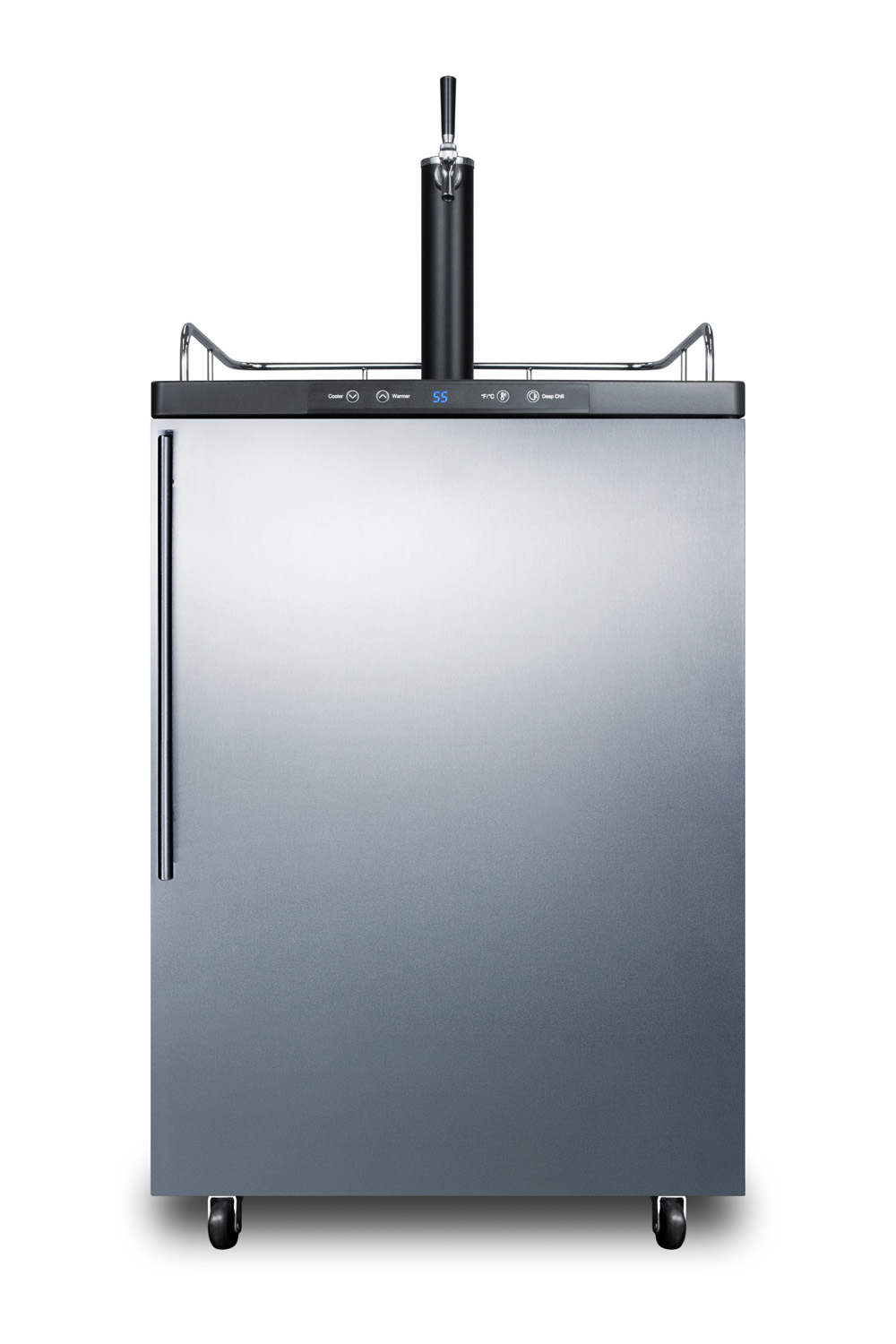 Freestanding residential beer dispenser, auto defrost with digital thermostat, stainless steel wrapped door, thin handle and black cabinet